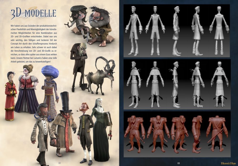 Das Bild zeigt eine Seite aus dem Artbook von dem Point & Click Adventure Heaven´s Hope mit den Figuren von Heaven´s Hope und Talorel und McCallum als 3D Figuren