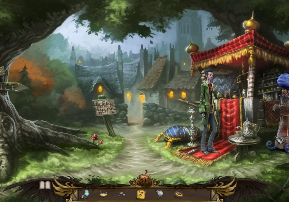 Das Bild zeigt einen Screenshot von dem Stand des fahrenden Händlers Kareem aus dem Point & Click Adventure Spiel Heaven´s Hope