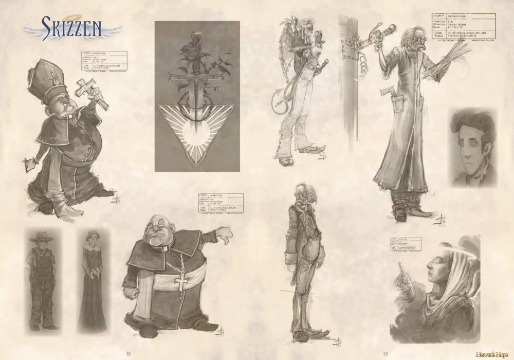 Das Bild zeigt eine Seite aus dem Artbook von dem Point & Click Adventure Heaven´s Hope mit alten, verworfenen Skizzen von den Figuren aus dem Spiel.