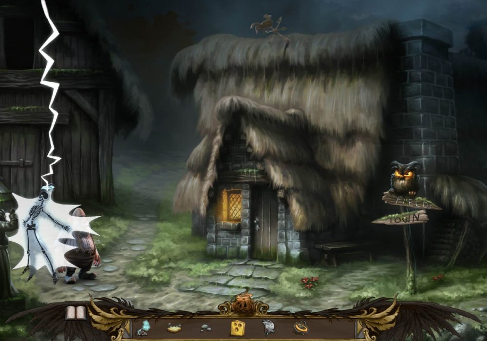 Das Bild zeigt einen Screenshot wo Talorel vom Blitz getroffen wird, nachdem er Petrus geärgert hat, aus dem Point & Click Adventure Spiel Heaven´s Hope